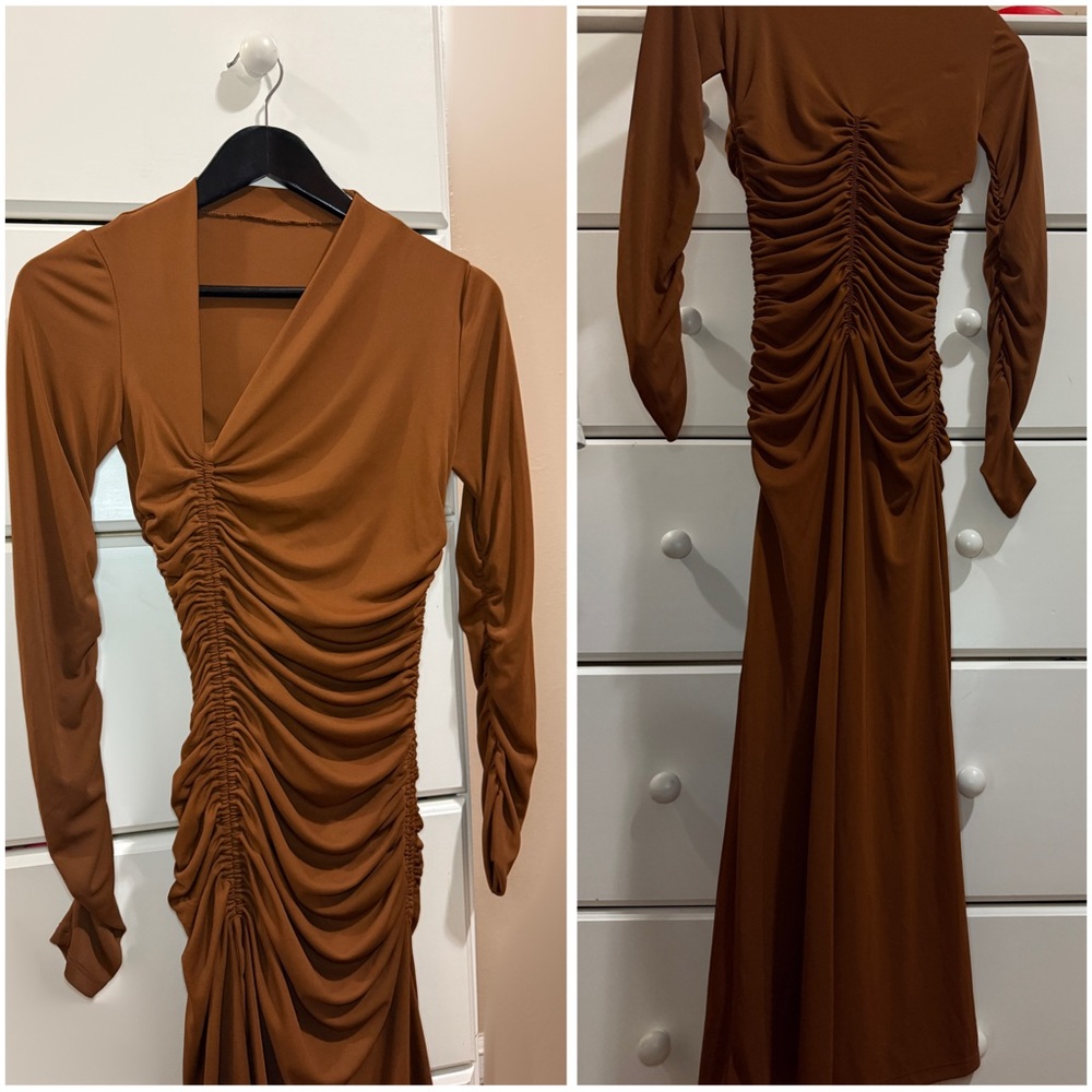 Brown Maxi Ruched Dress with slit cut